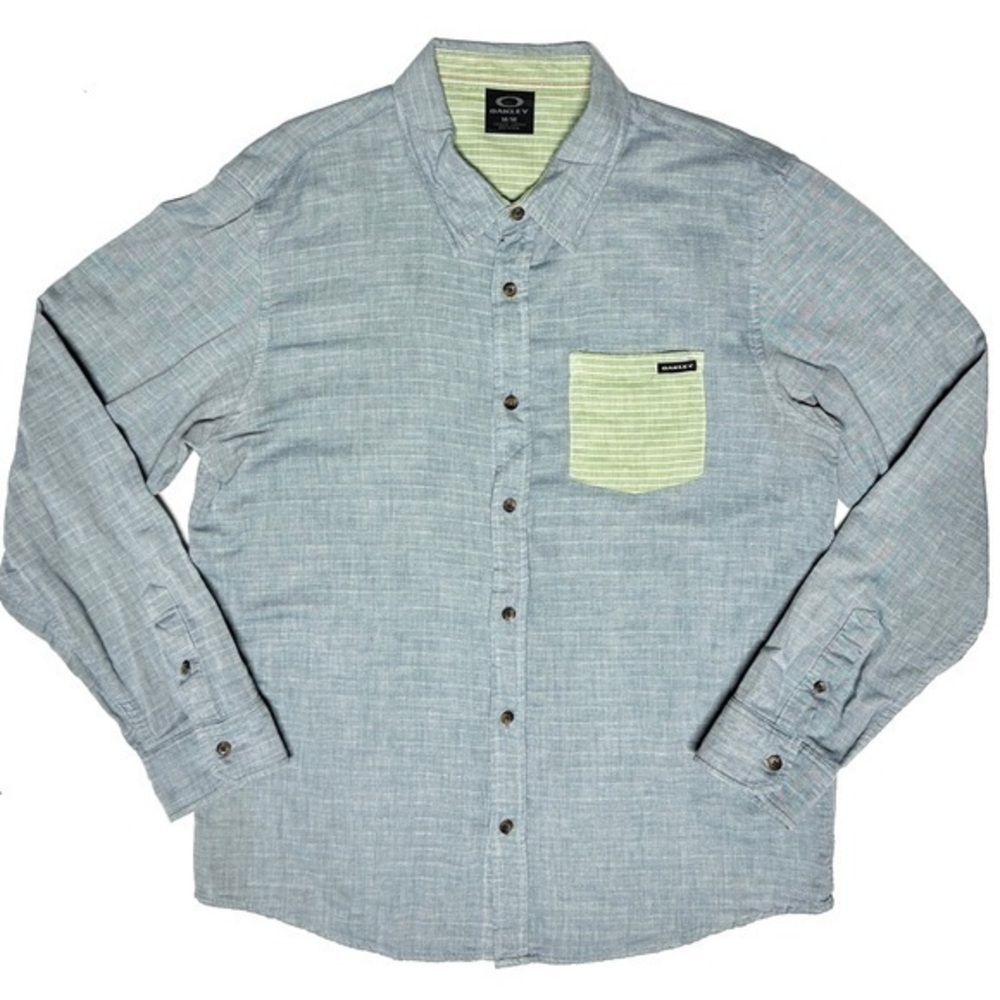 Oakley Men’s Contrast Lined 100% Cotton Button Down Long Sleeve Green Gray Med